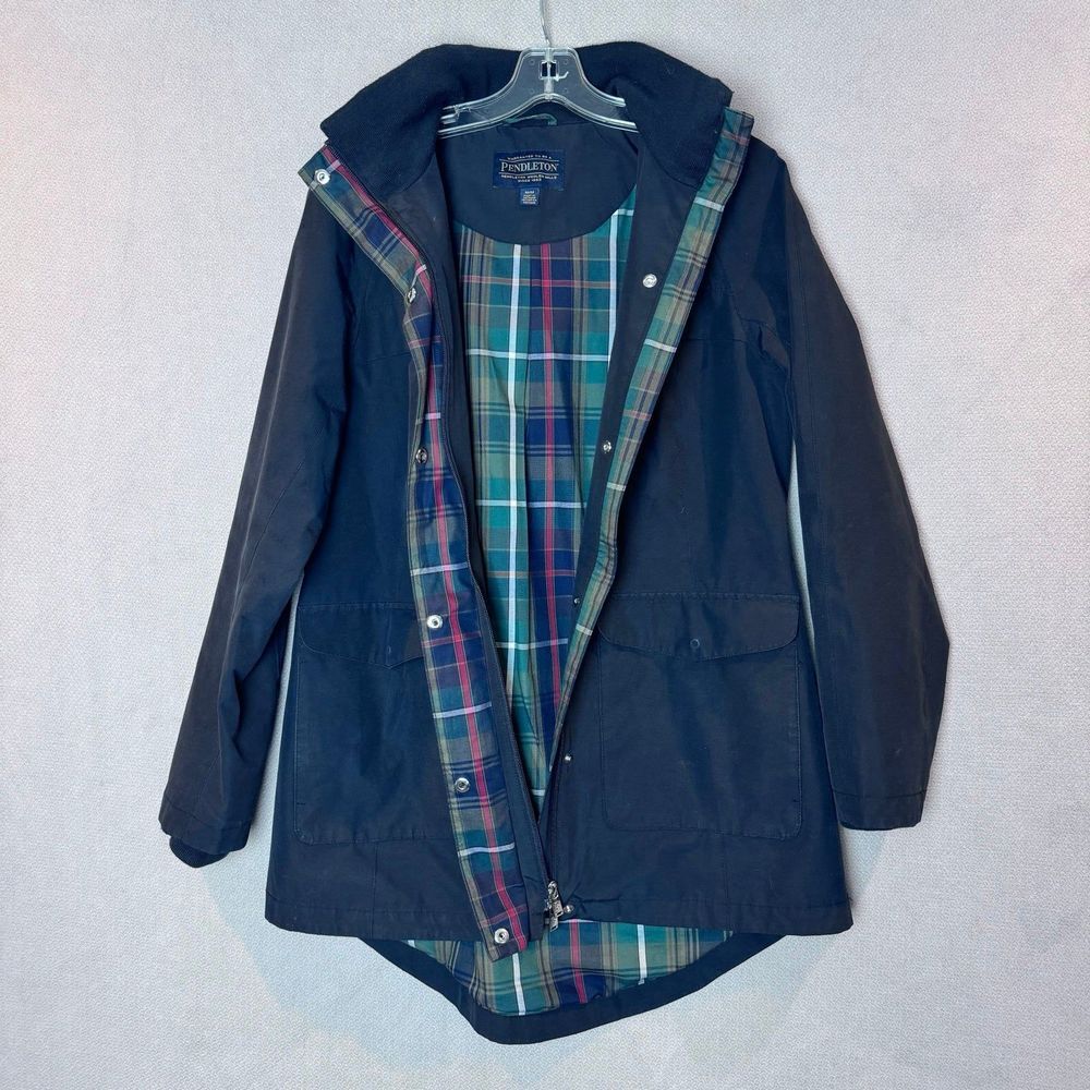 PENDLETON RAIN COAT JACKET SIZE MEDIUM BLACK PLAID LINED HOODED